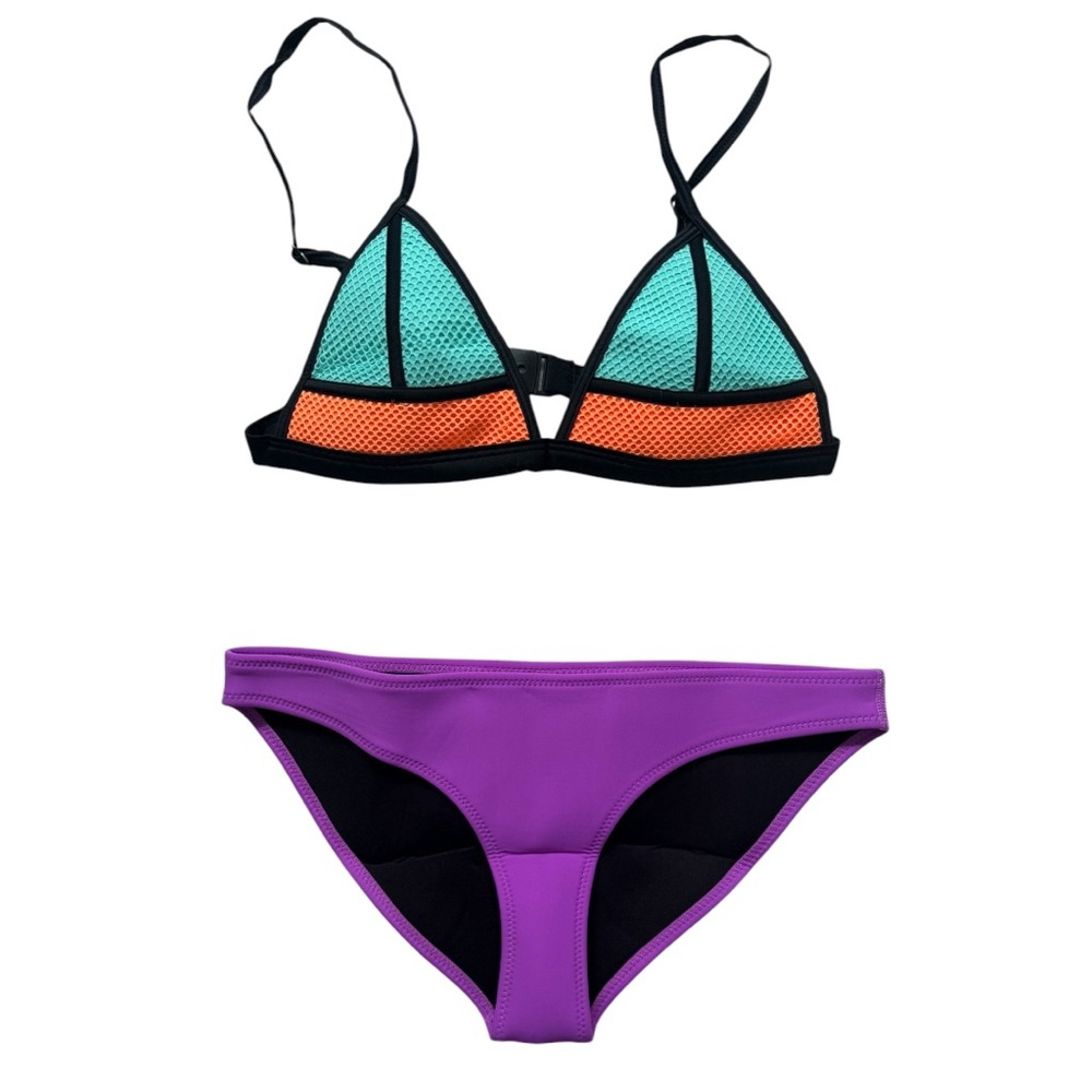 Colorblock Triangle Bikini Set 2 Piece Swimsuit Mint Orange Purple Medium